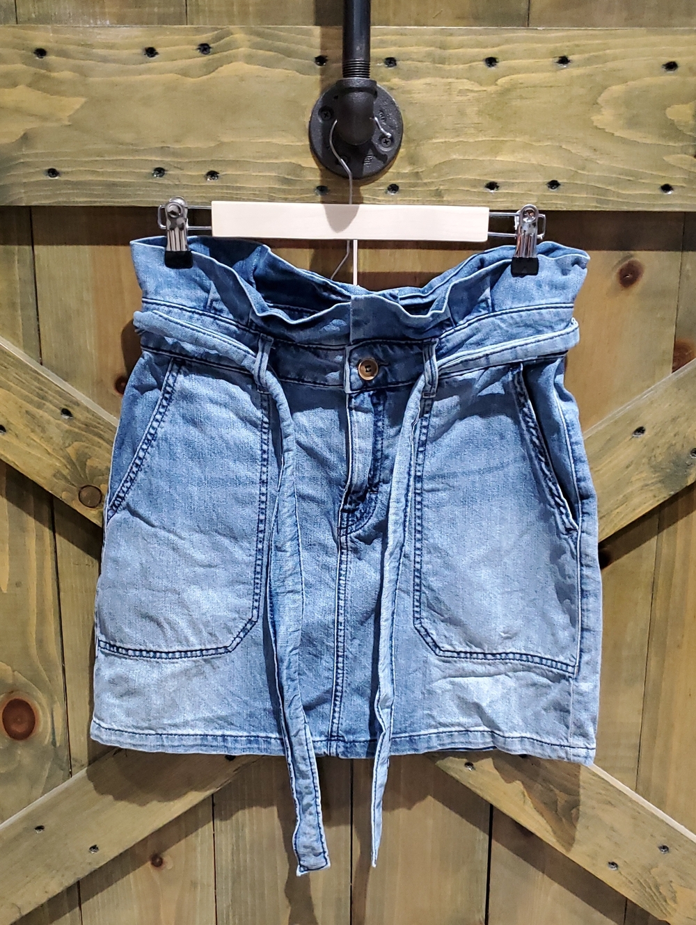 Free People Light Wash Denim Paperbag Waist Mini Skirt with Self Tie Denim Jean